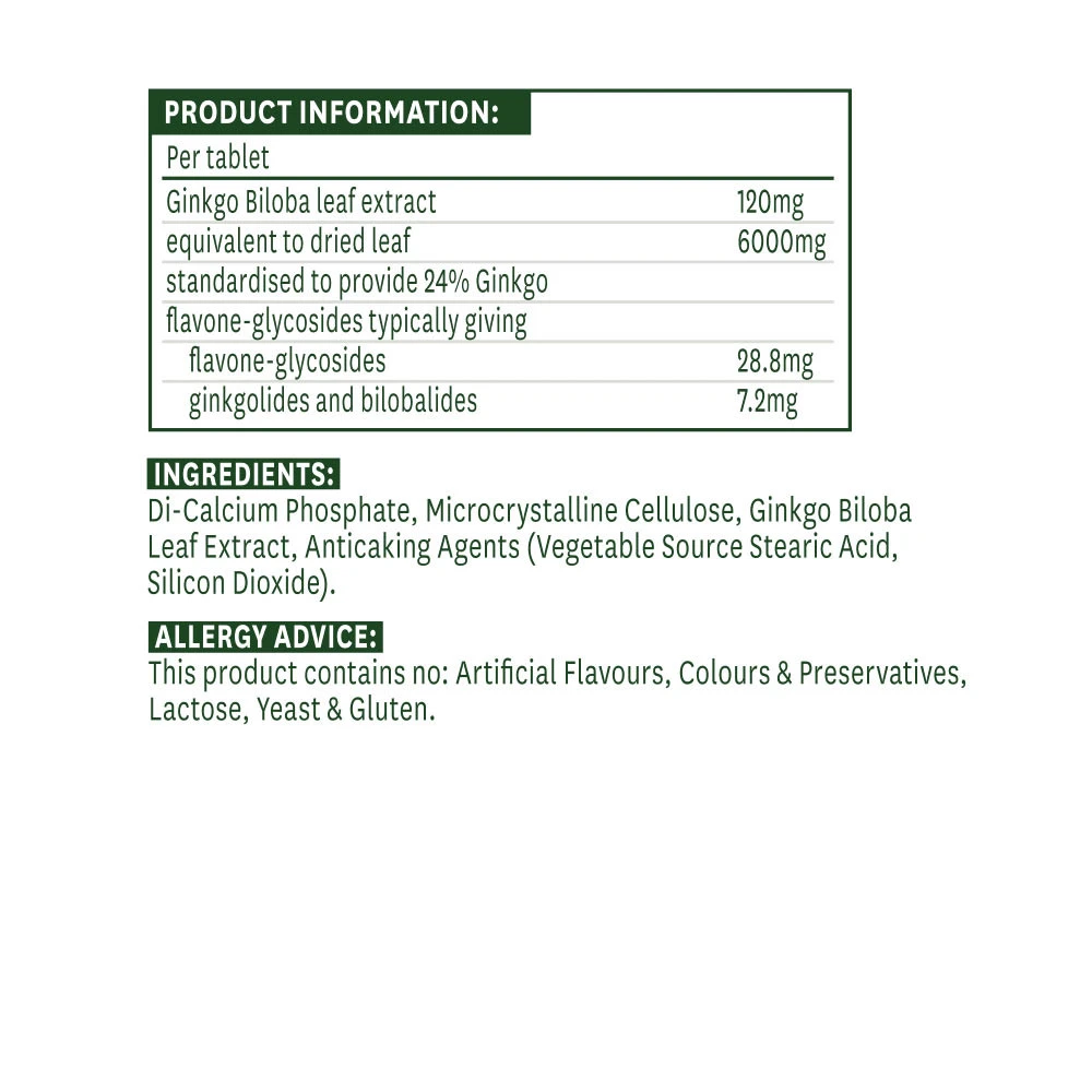 Natures Aid – Ginkgo biloba standardiseeritud 120 mg (90 tabletti) - Image 5