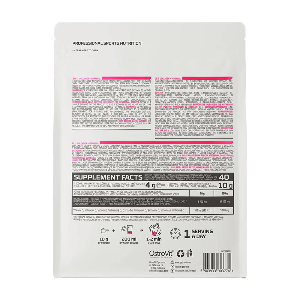 Ostrovit – Kollageen + C-vitamiin 400 g, vaarika-limonaad piparmündiga - Image 7