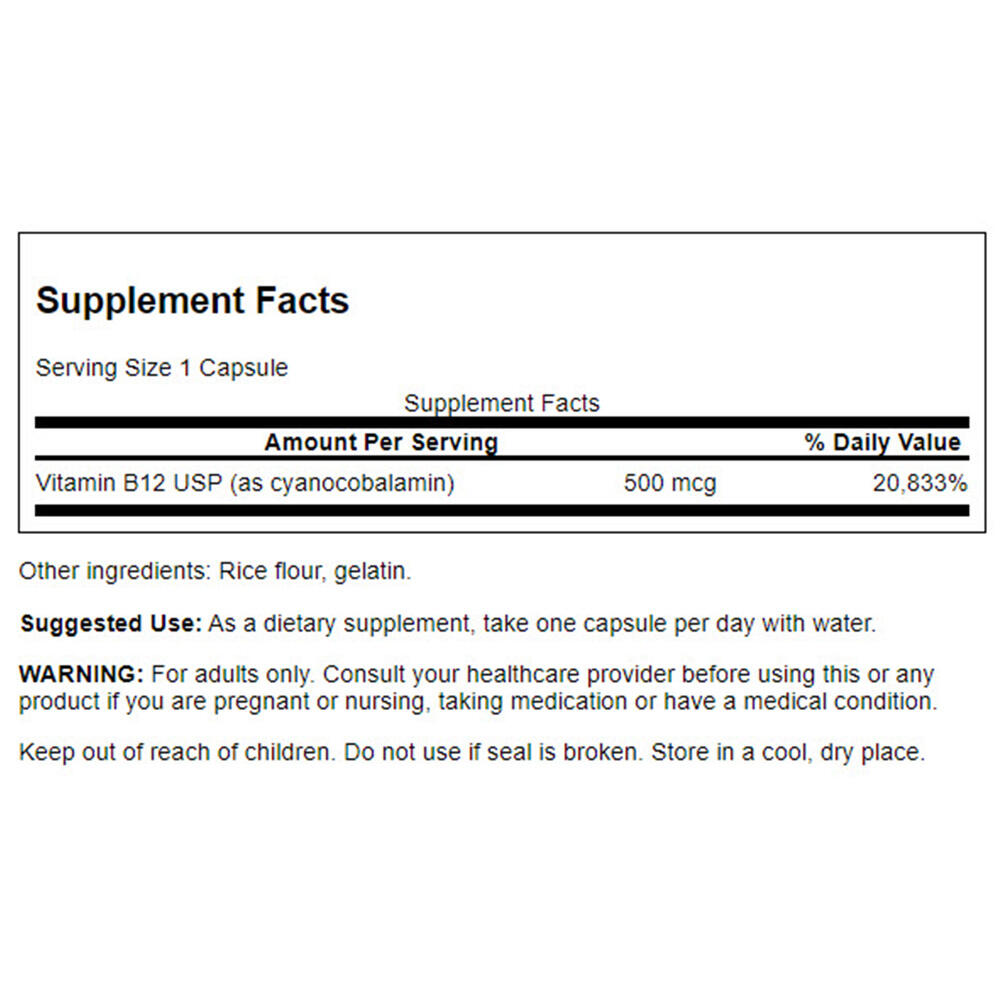 Swanson – B12-vitamiin Cyanocobalamin 500mcg 30 kapslit - Image 3