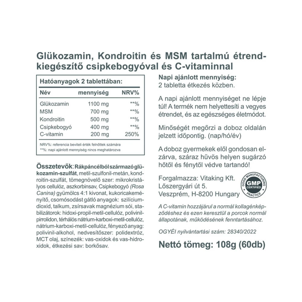 Vitaking – liigese toidulisand Glucosamin + Chondroitin + MSM – 60 tabletti - Image 2